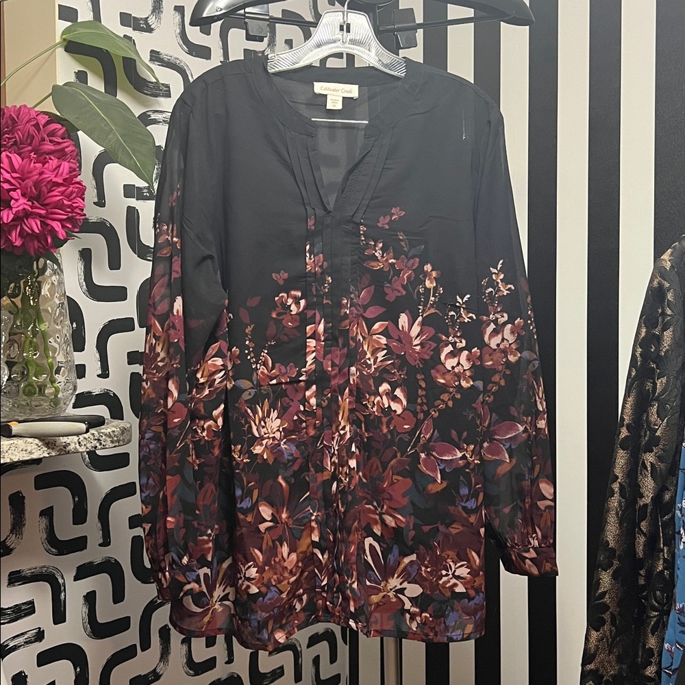 Cold Water Creek Black And Maroon Autumn Colored Floral Blouse